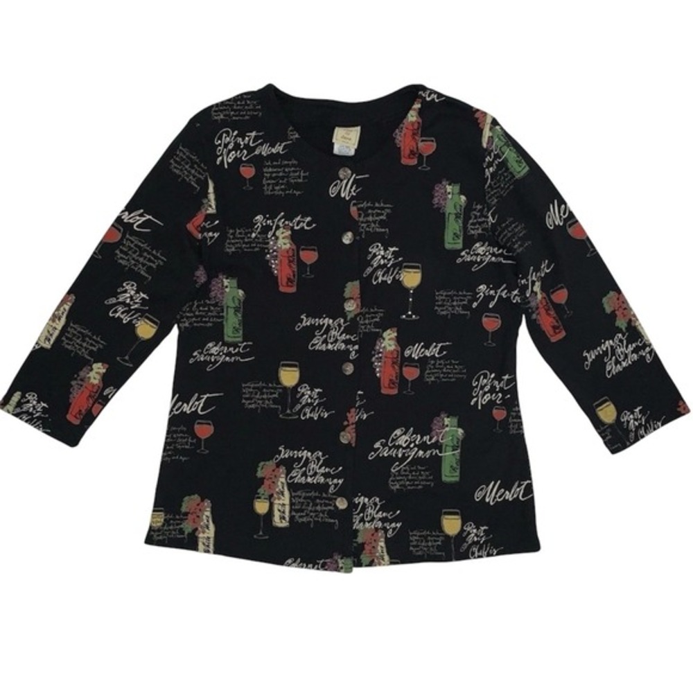 Jess & Jane Womens Medium Black Cardigan Wine Valley Print 3/4 Sleeve Cotton Top